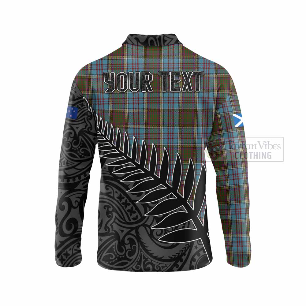 Tartan Vibes Clothing Anderson Crest Tartan Long Sleeve Polo Shirt with New Zealand Silver Fern Half Style