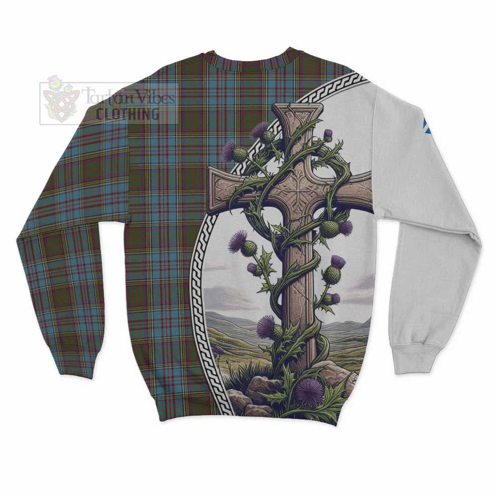 Tartan Vibes Clothing Anderson Tartan Sweatshirt with Family Crest and St. Andrew's Cross Accented by Thistle Vines