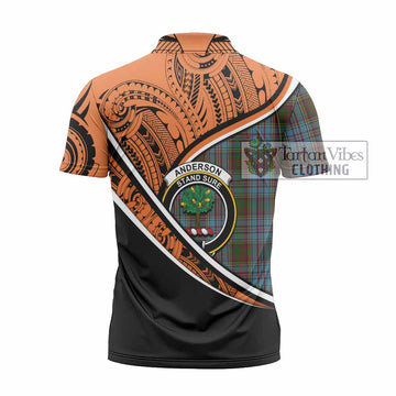 Anderson Crest Tartan Zipper Polo Shirt with Polynesian Vibes Style - Orange Version