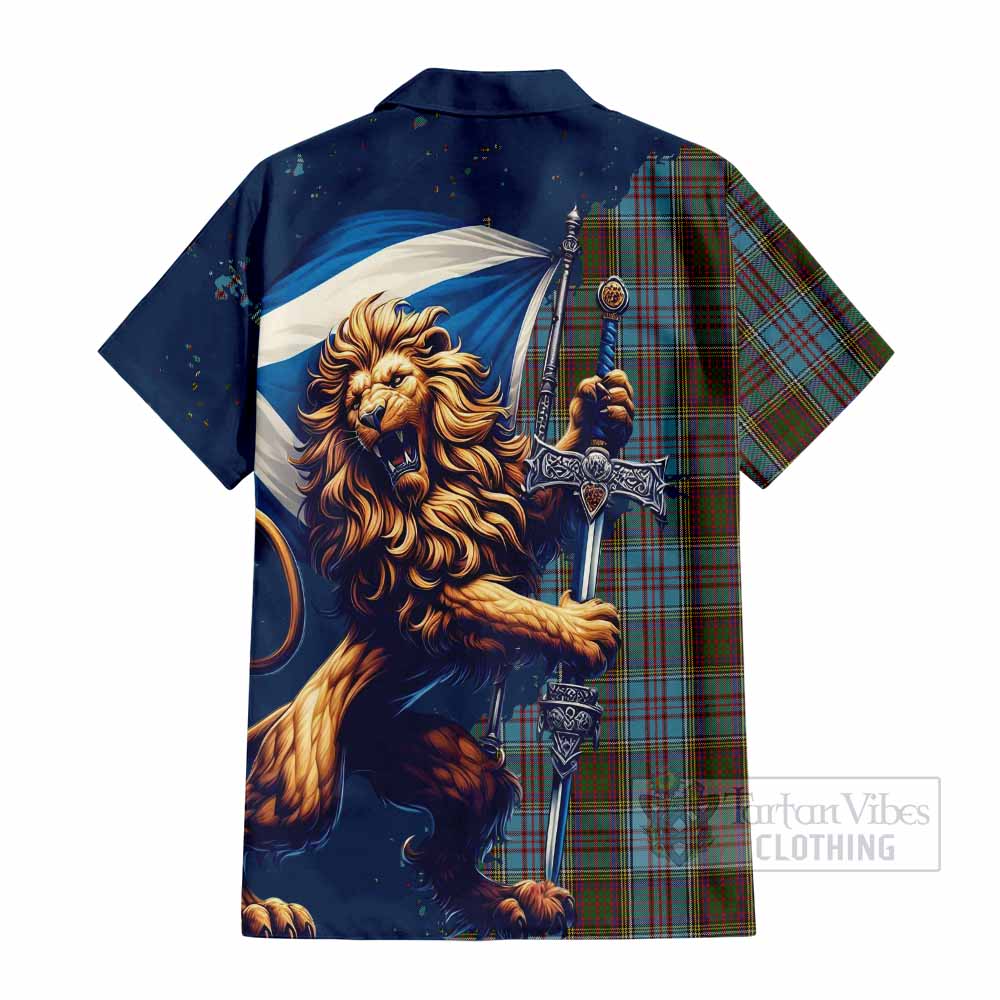 Tartan Vibes Clothing Anderson Tartan Family Crest Short Sleeve Button Shirt with Scottish Majestic Lion