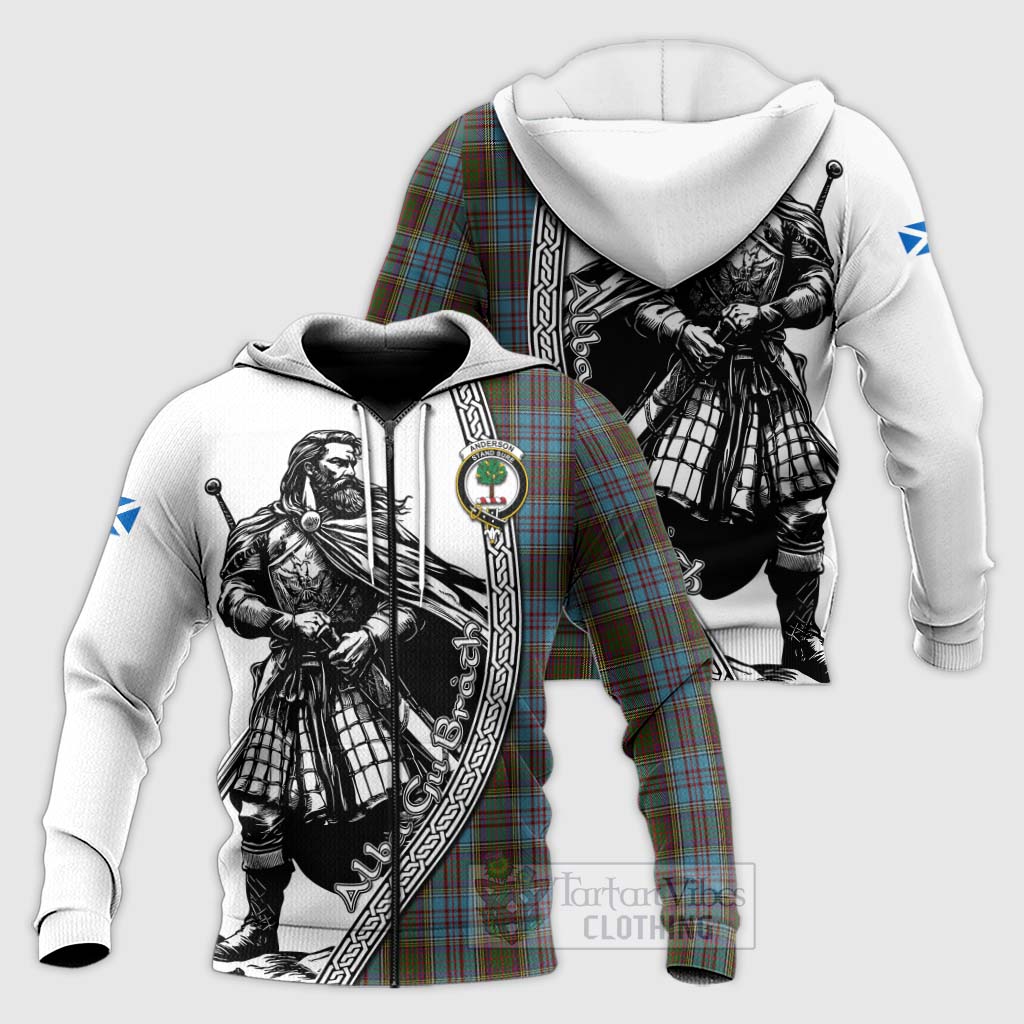 Tartan Vibes Clothing Anderson Tartan Clan Crest Knitted Hoodie with Highlander Warrior Celtic Style