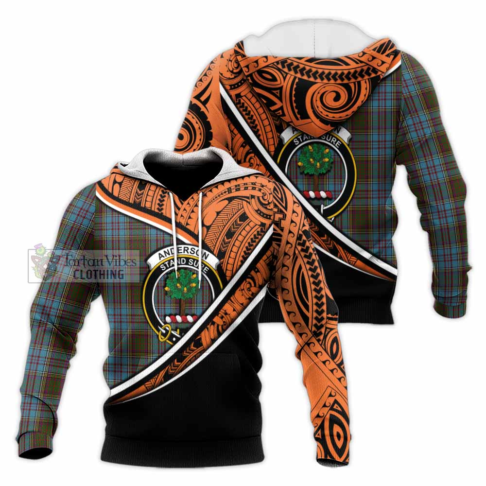 Tartan Vibes Clothing Anderson Crest Tartan Knitted Hoodie with Maori Tattoo Style - Orange Version