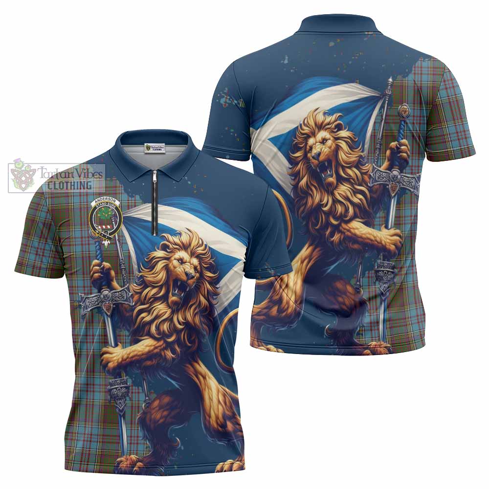 Tartan Vibes Clothing Anderson Tartan Family Crest Zipper Polo Shirt with Scottish Majestic Lion