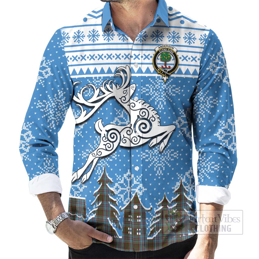 Tartan Vibes Clothing Anderson Clan Christmas Long Sleeve Button Shirt Celtic Reindeer Style