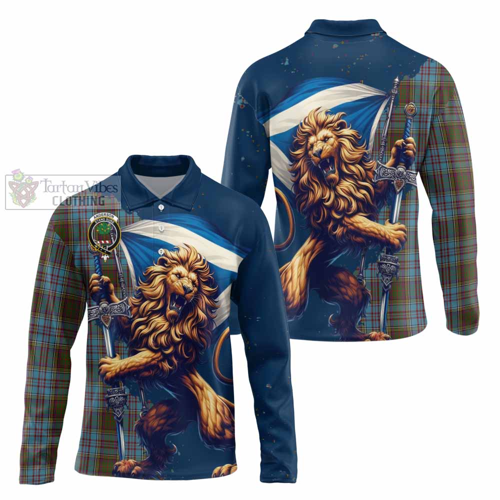 Tartan Vibes Clothing Anderson Tartan Family Crest Long Sleeve Polo Shirt with Scottish Majestic Lion