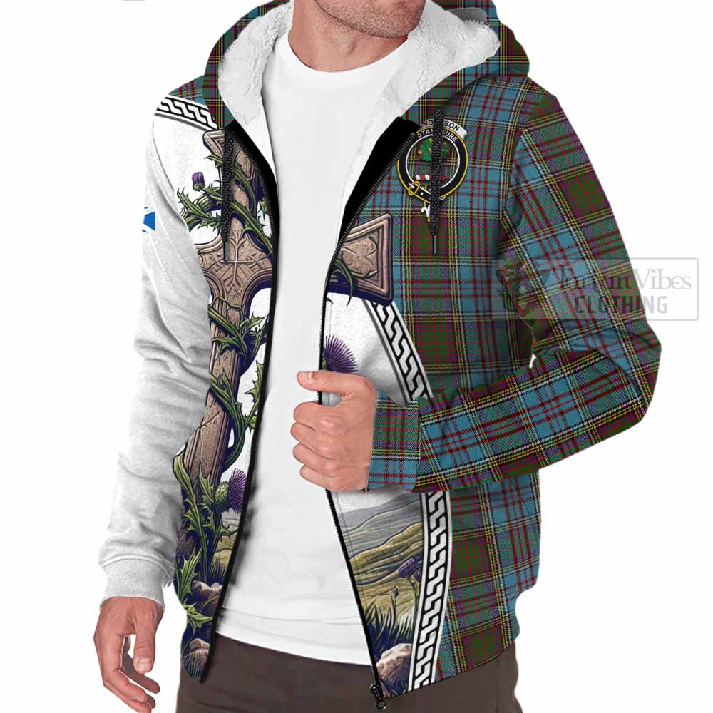 Tartan Vibes Clothing Anderson Tartan Sherpa Hoodie with Family Crest and St. Andrew's Cross Accented by Thistle Vines