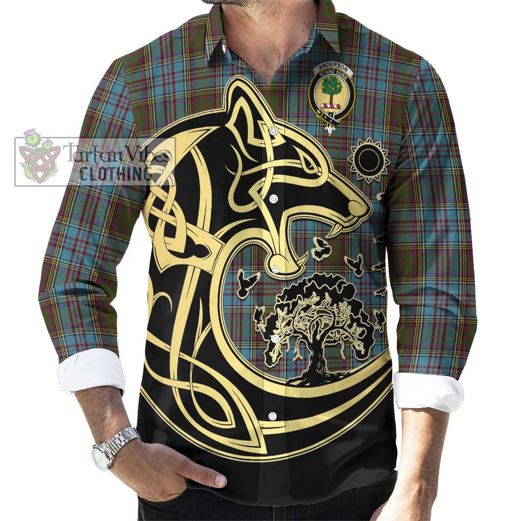 Anderson Tartan Long Sleeve Button Shirt with Family Crest Celtic Wolf Style - Tartan Vibes Clothing