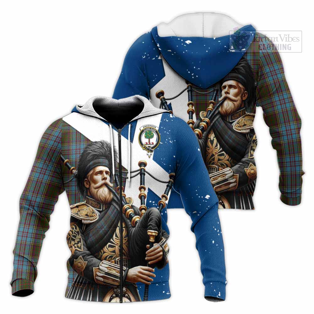 Tartan Vibes Clothing Anderson Tartan Knitted Hoodie with Family Crest Scottish Bagpiper Vibes