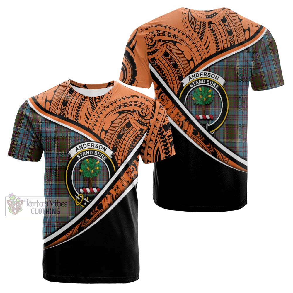 Tartan Vibes Clothing Anderson Crest Tartan Cotton T-shirt with Maori Tattoo Style - Orange Version