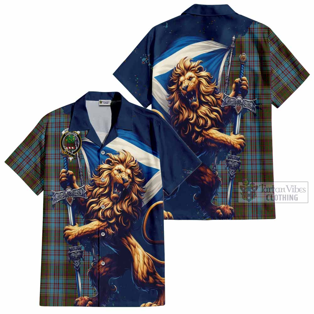 Tartan Vibes Clothing Anderson Tartan Family Crest Short Sleeve Button Shirt with Scottish Majestic Lion