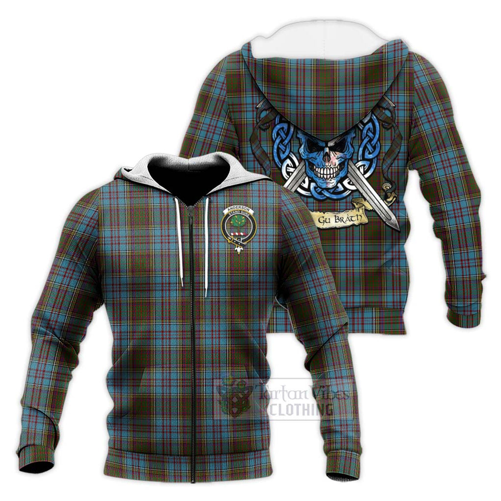 Tartan Vibes Clothing Anderson Tartan Knitted Hoodie with Family Crest Celtic Skull Style