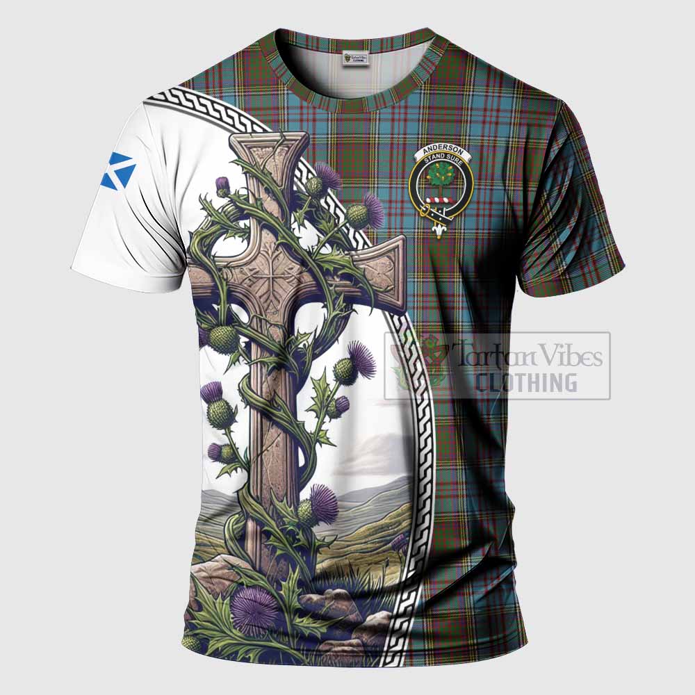 Tartan Vibes Clothing Anderson Agnew Tartan T-Shirt with Family Crest and St. Andrew's Cross Accented by Thistle Vines