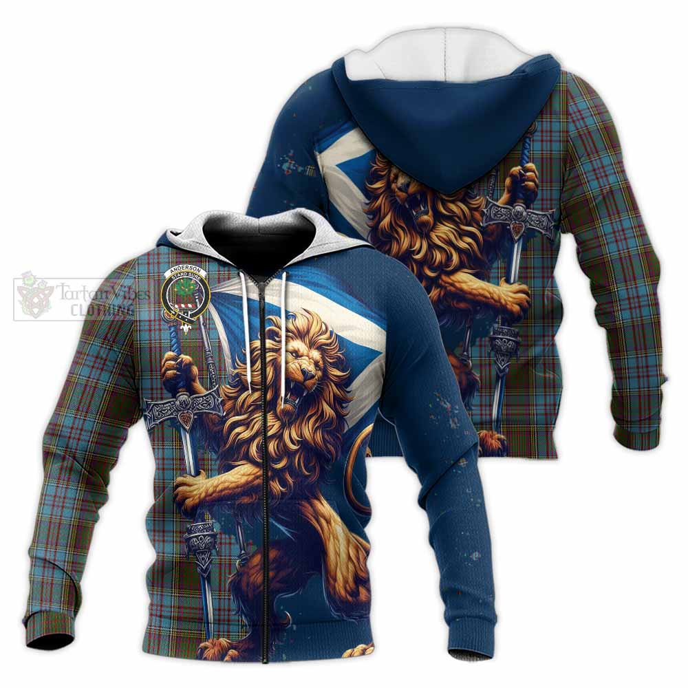 Tartan Vibes Clothing Anderson Tartan Family Crest Knitted Hoodie with Scottish Majestic Lion