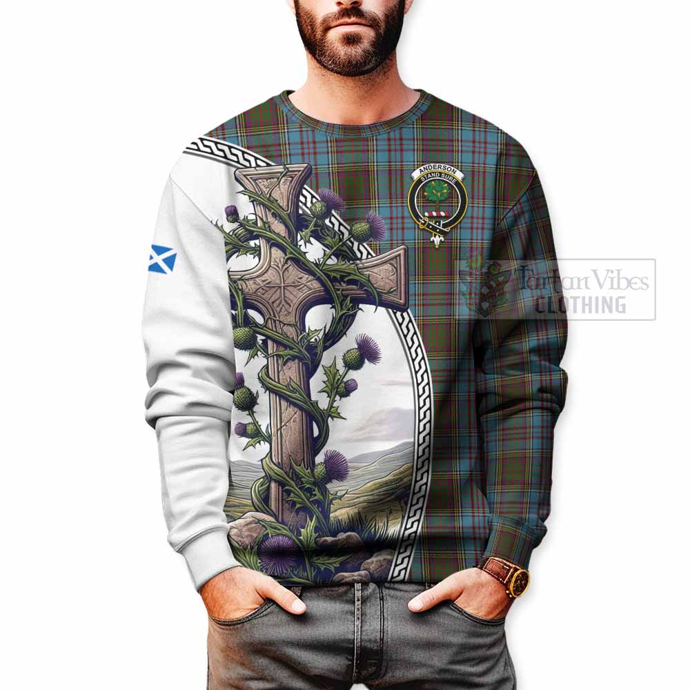 Tartan Vibes Clothing Anderson Tartan Sweatshirt with Family Crest and St. Andrew's Cross Accented by Thistle Vines