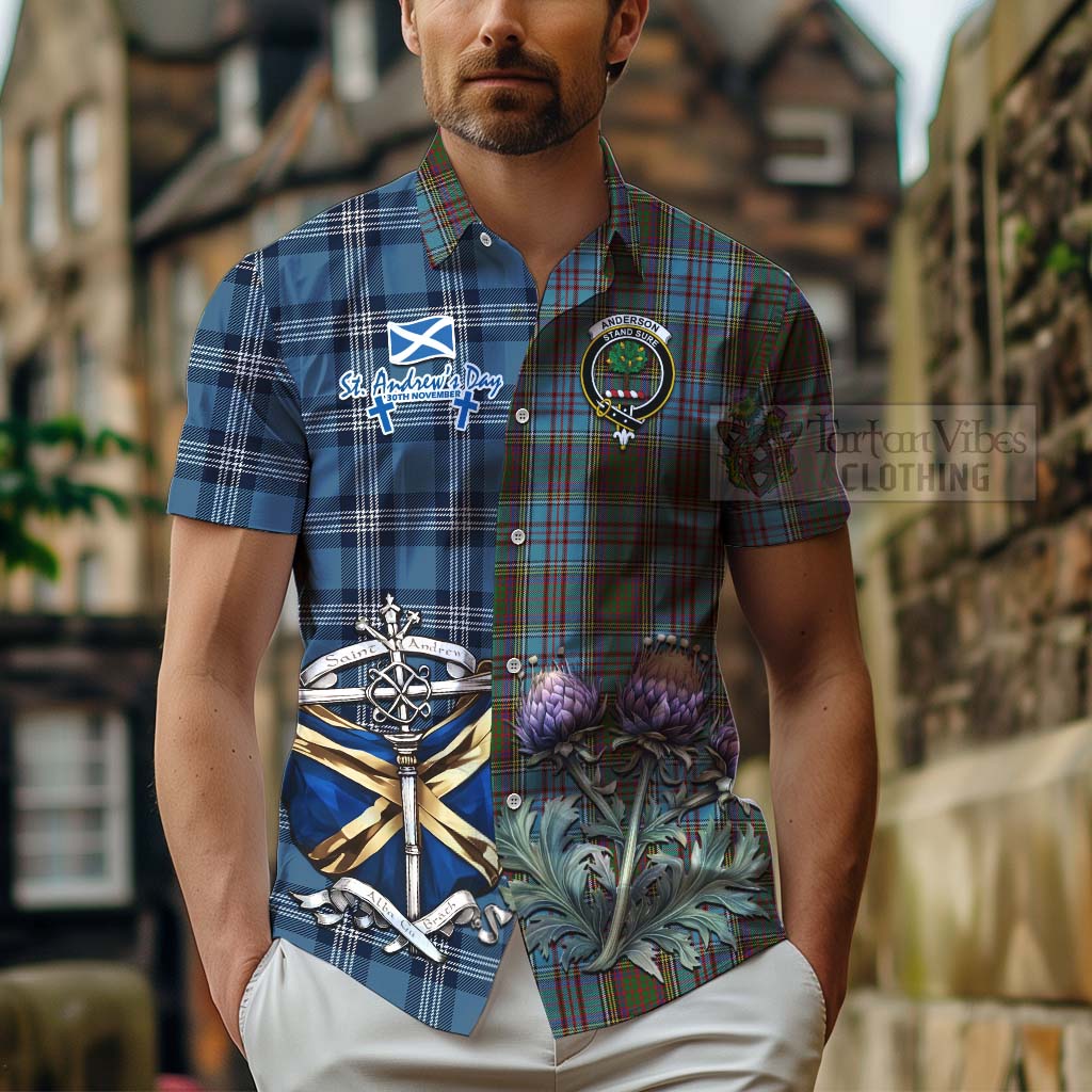 Tartan Vibes Clothing Anderson Tartan Short Sleeve Button Shirt Happy St. Andrew's Day Half Tartan Style