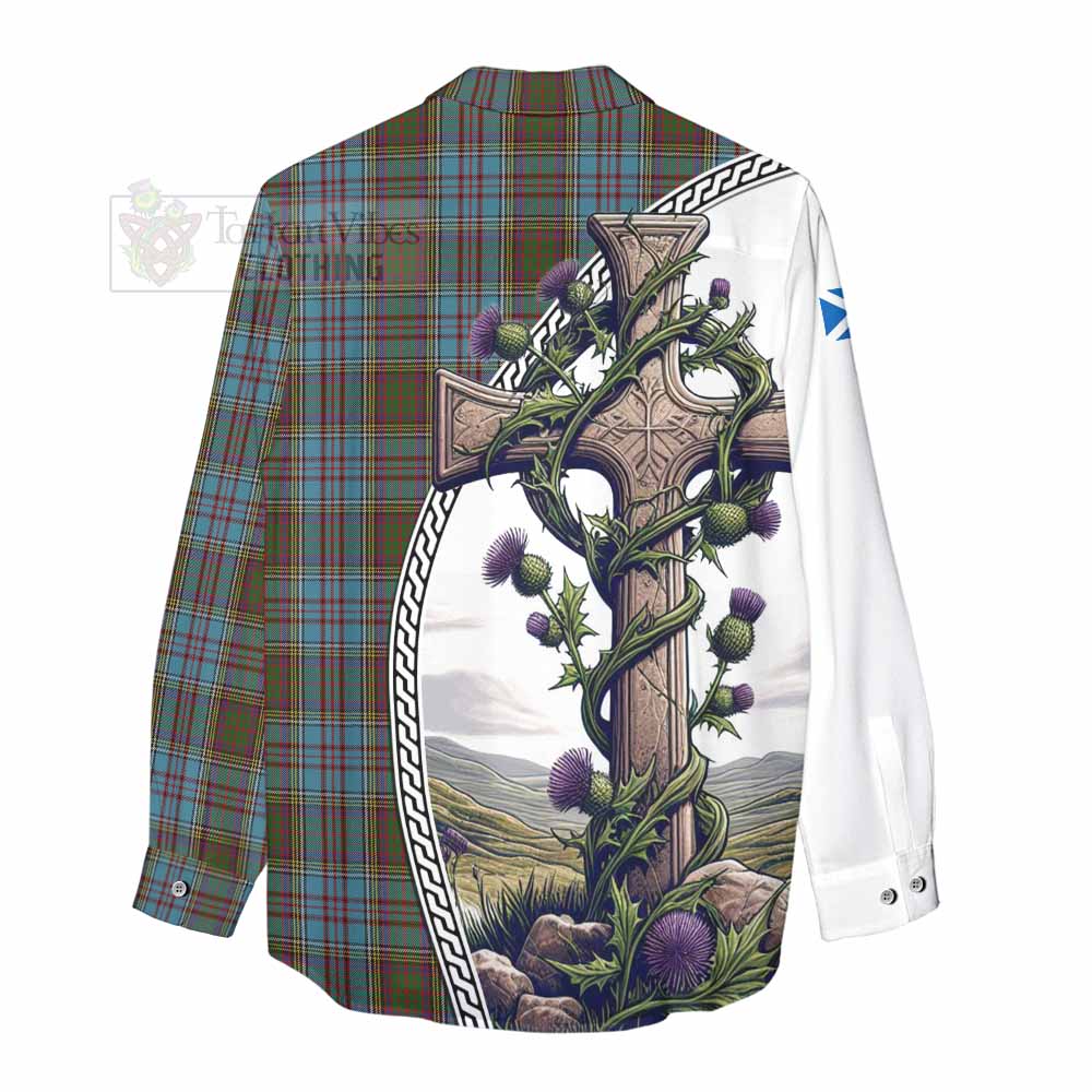 Tartan Vibes Clothing Anderson Tartan Women's Casual Shirt with Family Crest and St. Andrew's Cross Accented by Thistle Vines