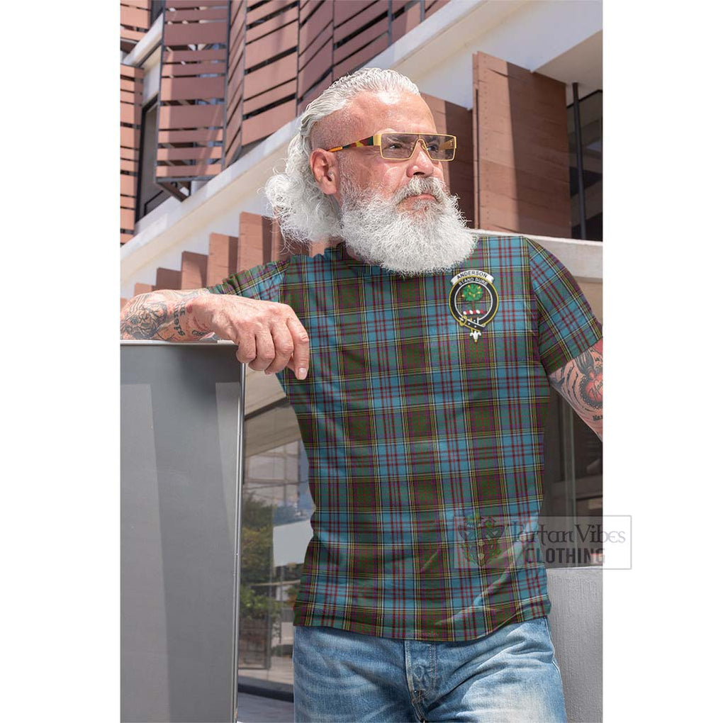 Tartan Vibes Clothing Anderson Tartan Cotton T-shirt with Family Crest and Bearded Skull Holding Bottles of Whiskey