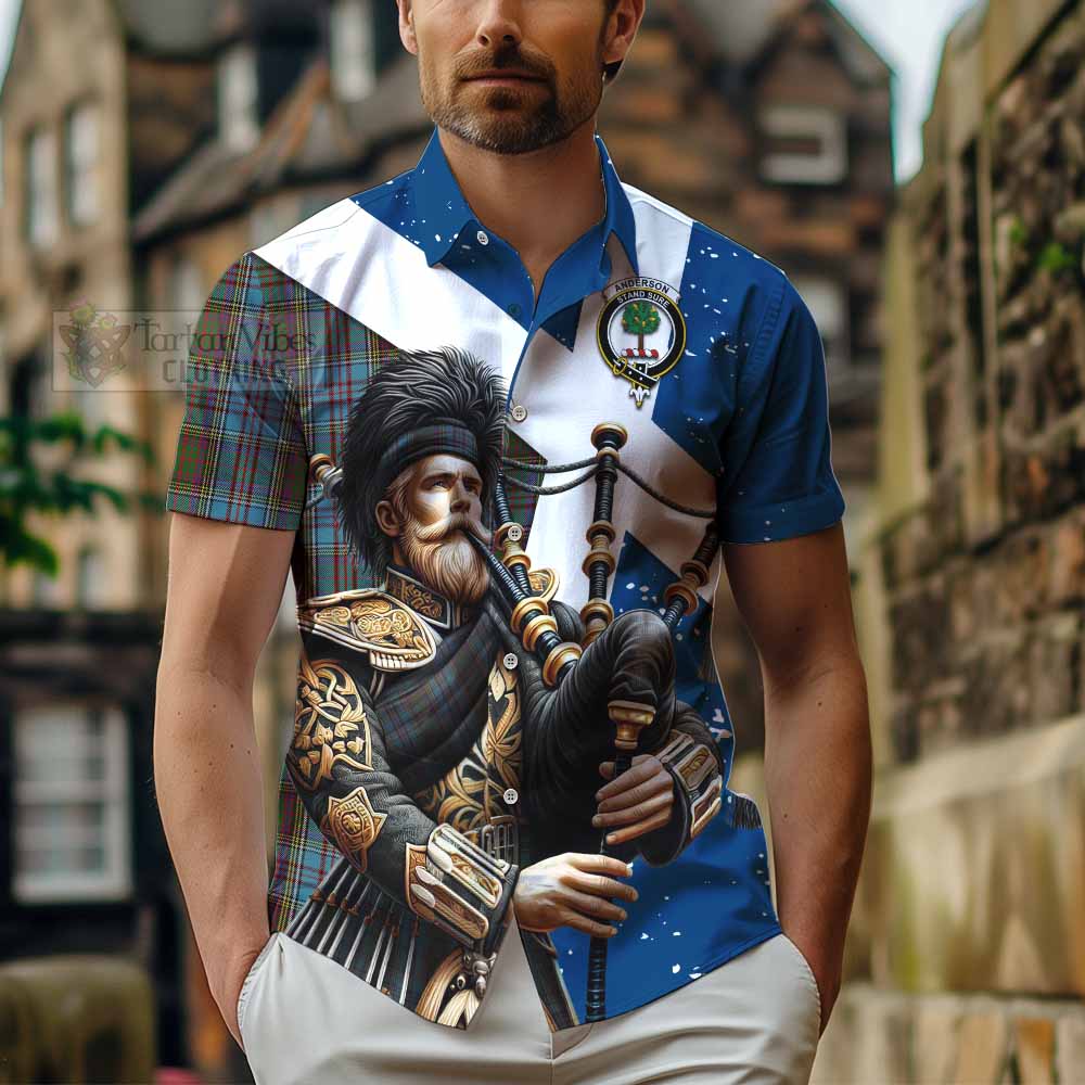 Tartan Vibes Clothing Anderson Tartan Short Sleeve Button Shirt with Family Crest Scottish Bagpiper Vibes