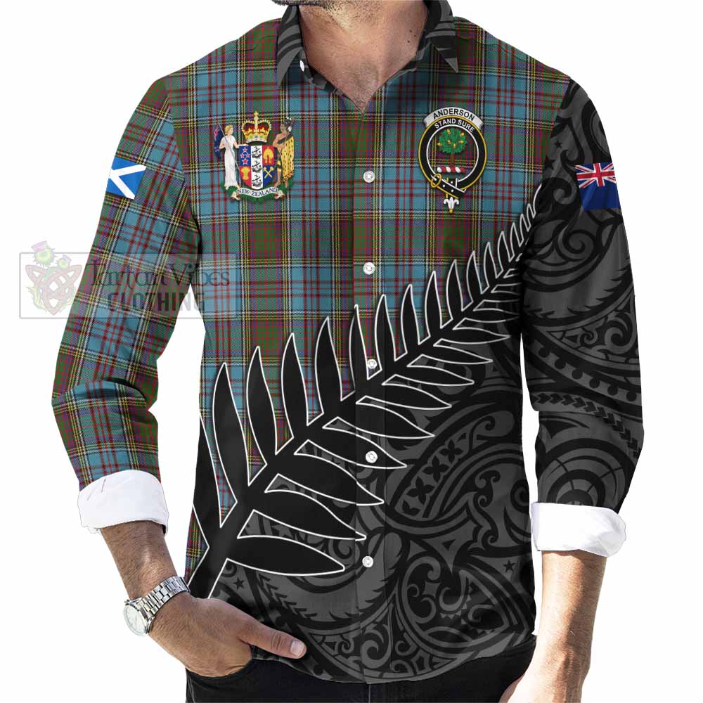 Tartan Vibes Clothing Anderson Crest Tartan Long Sleeve Button Shirt with New Zealand Silver Fern Half Style