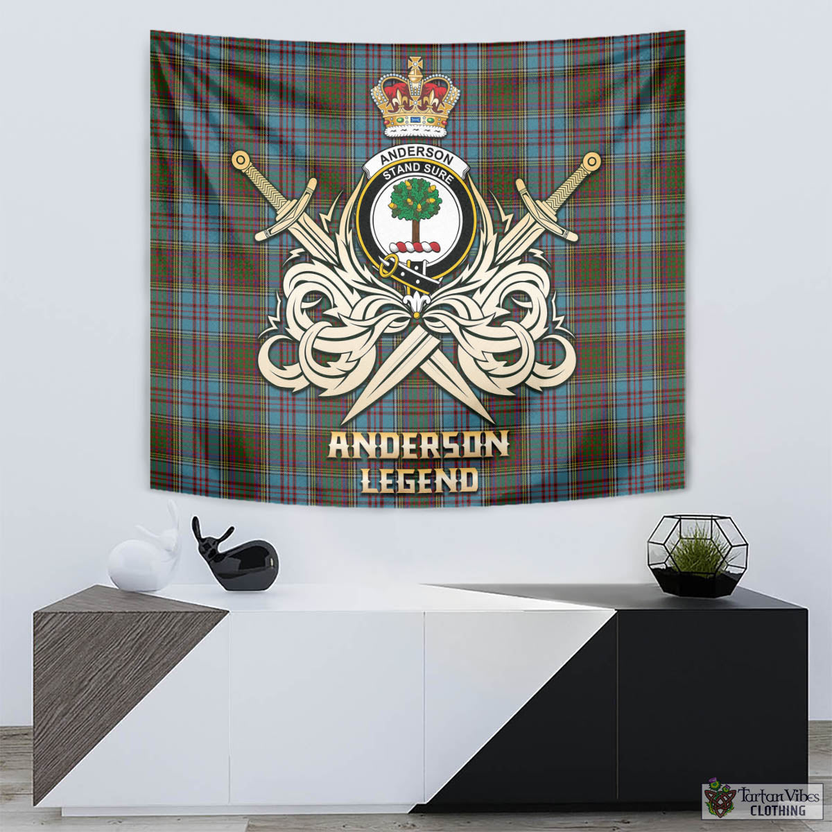 Tartan Vibes Clothing Anderson Tartan Tapestry with Clan Crest and the Golden Sword of Courageous Legacy