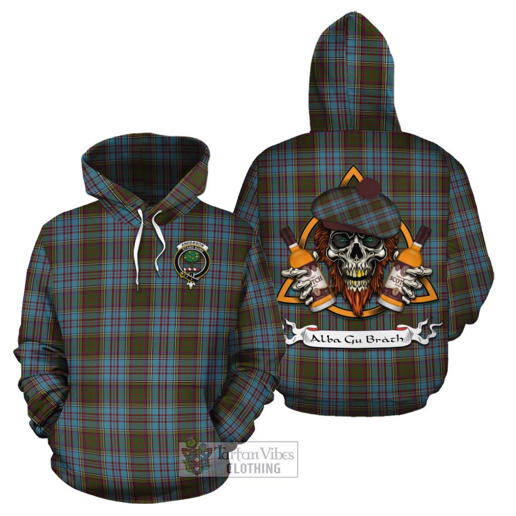 Tartan Vibes Clothing Anderson Tartan Cotton Hoodie with Family Crest and Bearded Skull Holding Bottles of Whiskey