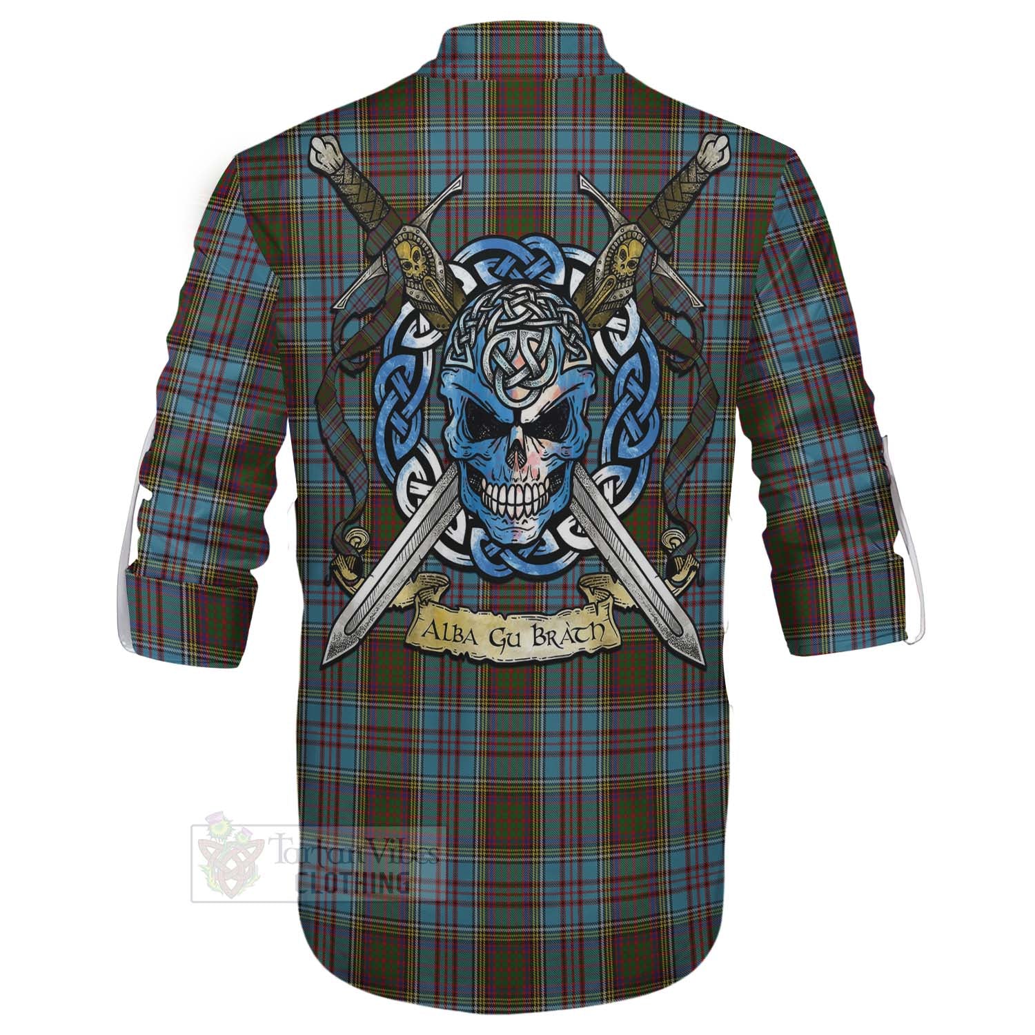 Tartan Vibes Clothing Anderson Tartan Ghillie Kilt Shirt with Family Crest Celtic Skull Style