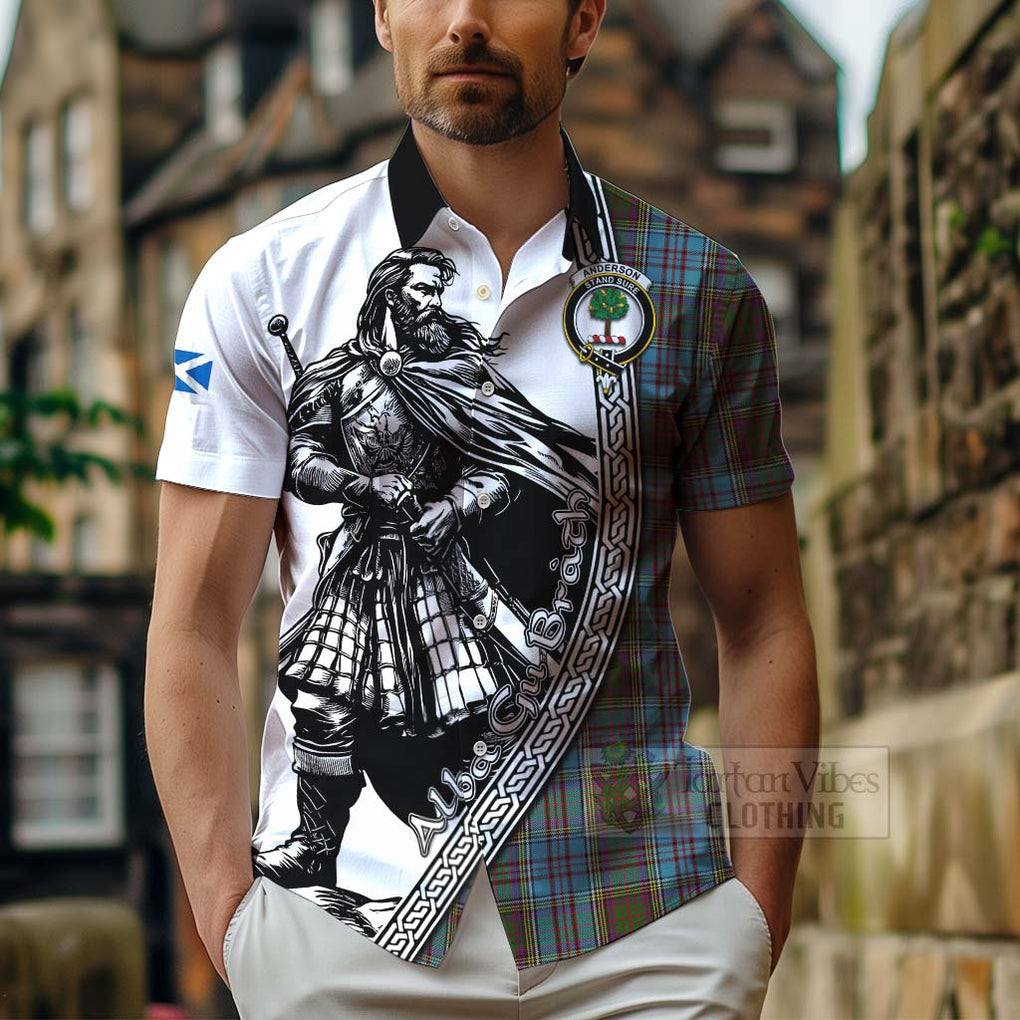 Tartan Vibes Clothing Anderson Tartan Clan Crest Short Sleeve Button Shirt with Highlander Warrior Celtic Style