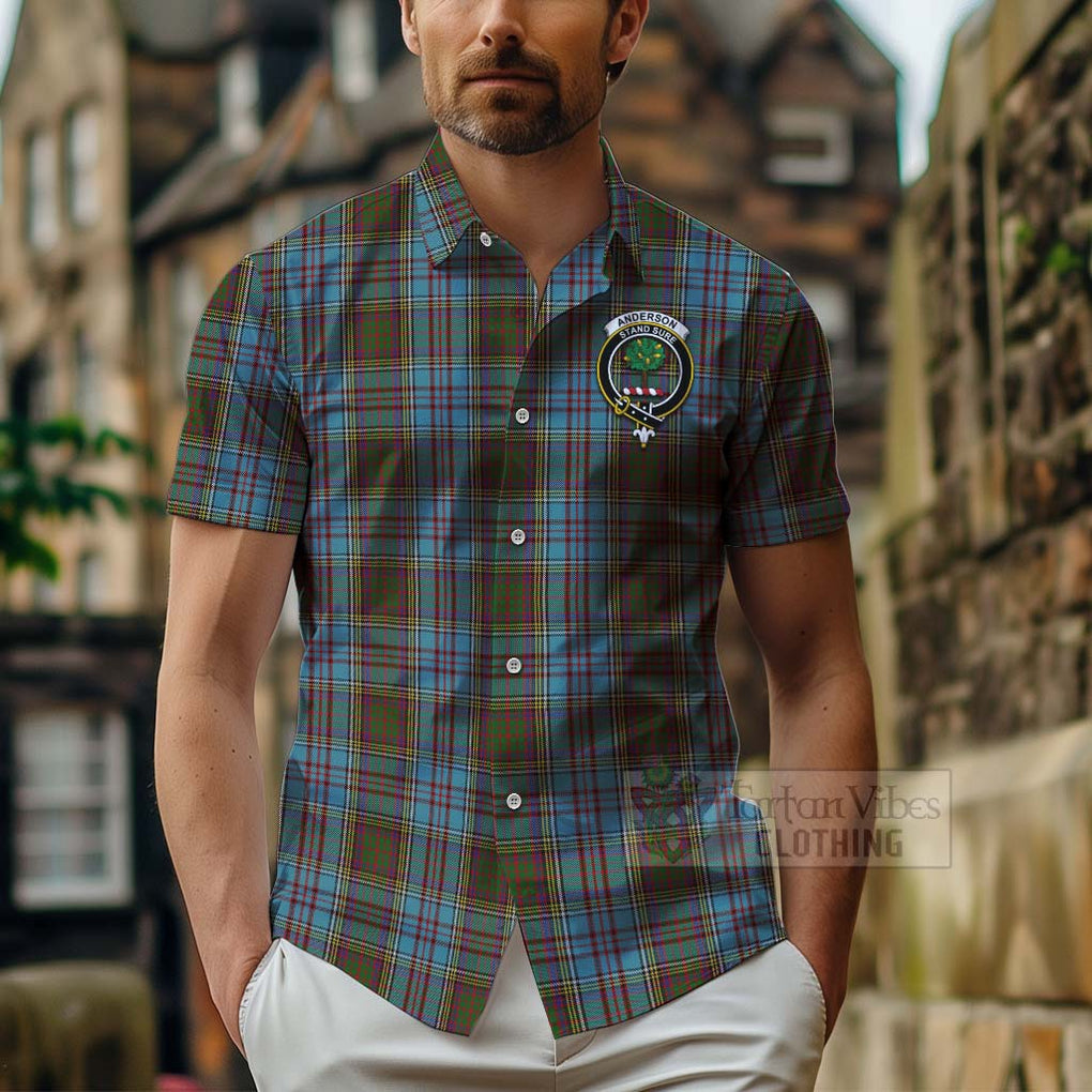 Tartan Vibes Clothing Anderson Tartan Short Sleeve Button Shirt with Family Crest Celtic Skull Style