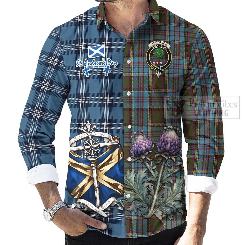 Tartan Vibes Clothing Anderson Tartan Long Sleeve Button Shirt Happy St. Andrew's Day Half Tartan Style