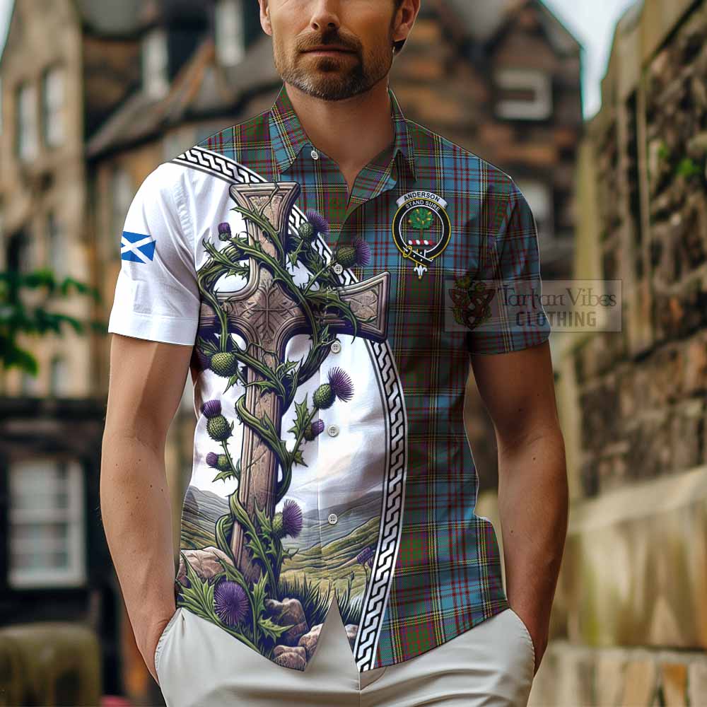 Tartan Vibes Clothing Anderson Tartan Short Sleeve Button Shirt with Family Crest and St. Andrew's Cross Accented by Thistle Vines