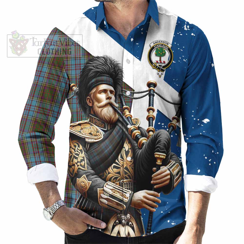 Tartan Vibes Clothing Anderson Tartan Long Sleeve Button Shirt with Family Crest Scottish Bagpiper Vibes