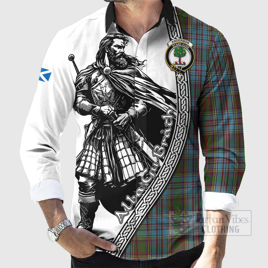 Tartan Vibes Clothing Anderson Tartan Clan Crest Long Sleeve Button Shirt with Highlander Warrior Celtic Style