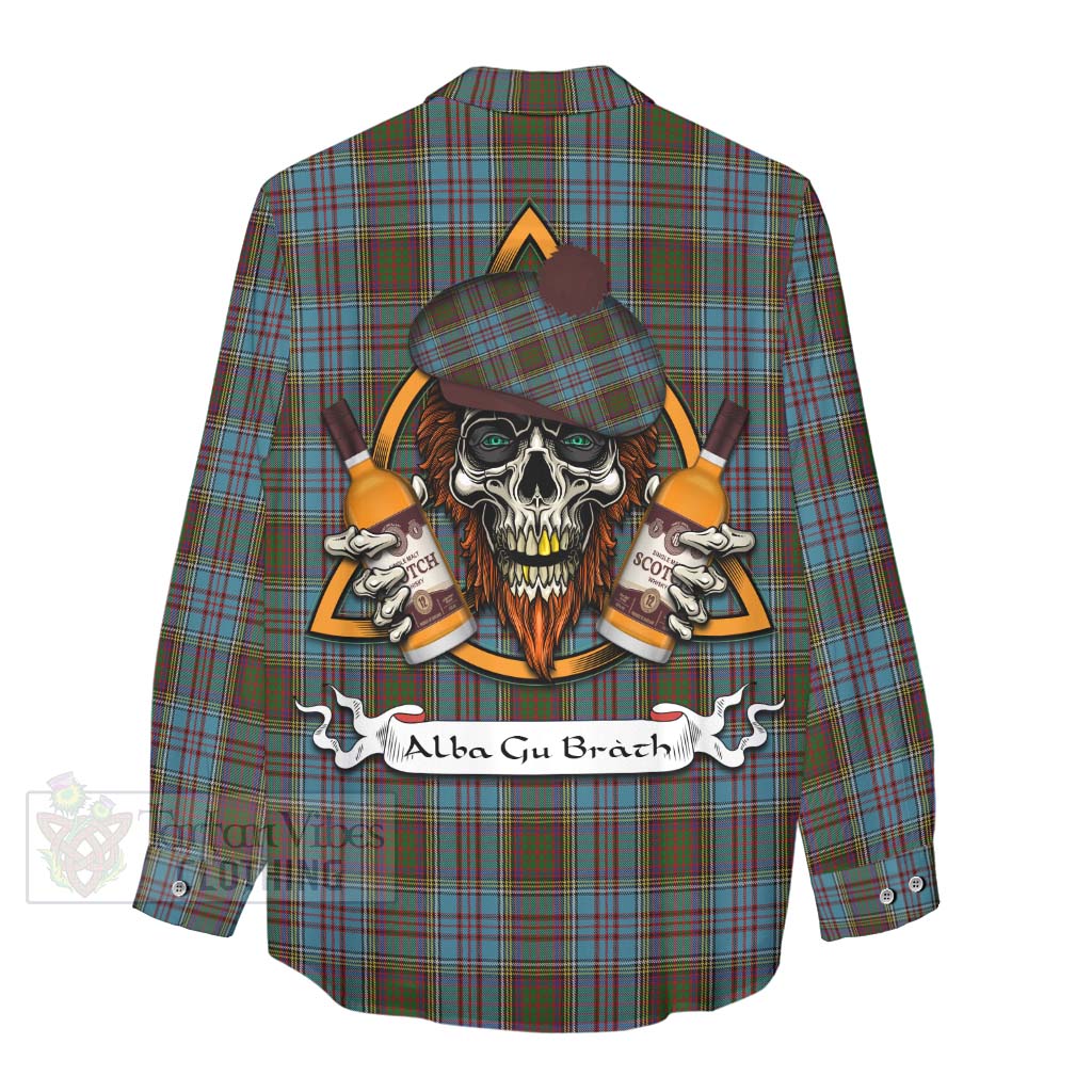 Tartan Vibes Clothing Anderson Tartan Women's Casual Shirt with Family Crest and Bearded Skull Holding Bottles of Whiskey