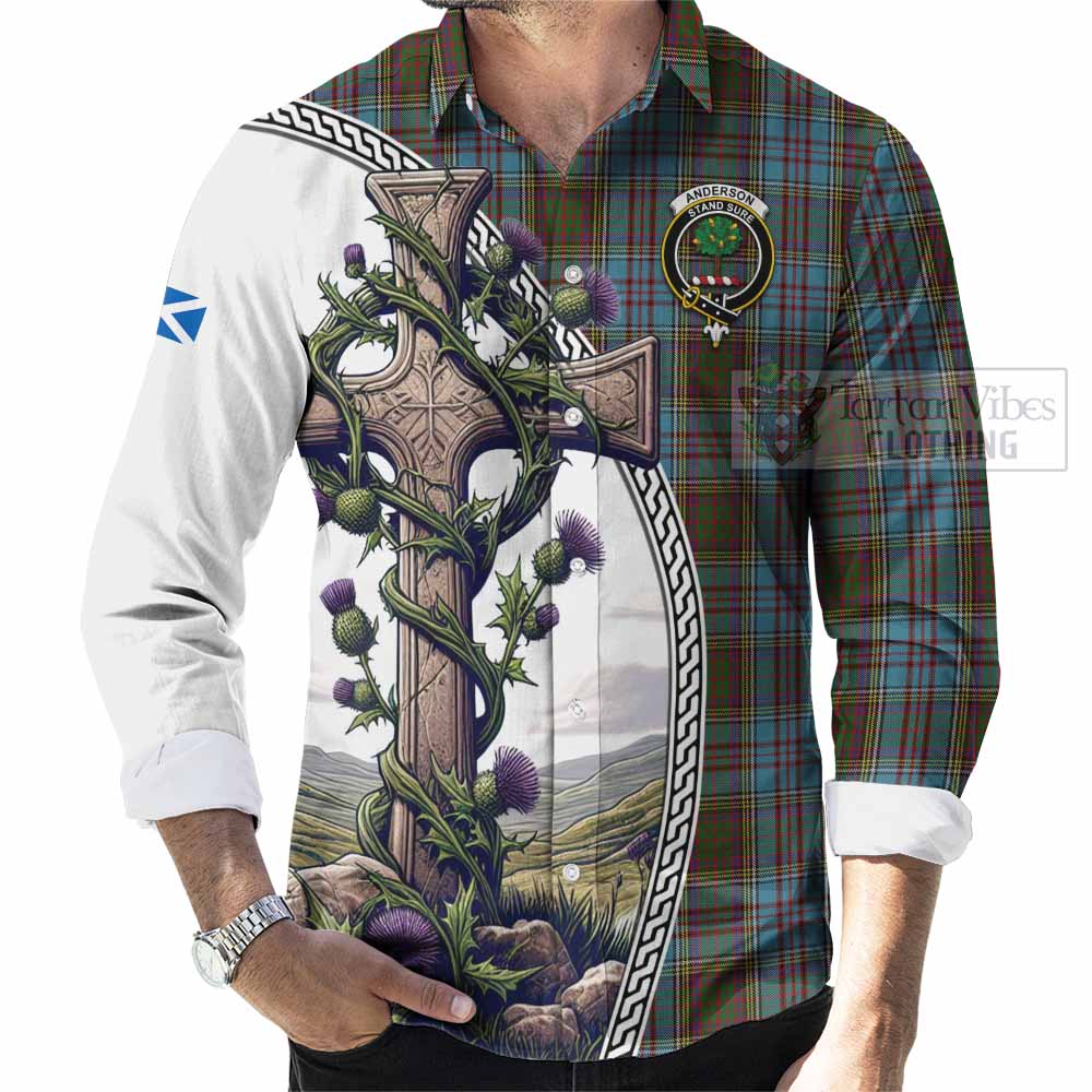 Tartan Vibes Clothing Anderson Tartan Long Sleeve Button Shirt with Family Crest and St. Andrew's Cross Accented by Thistle Vines