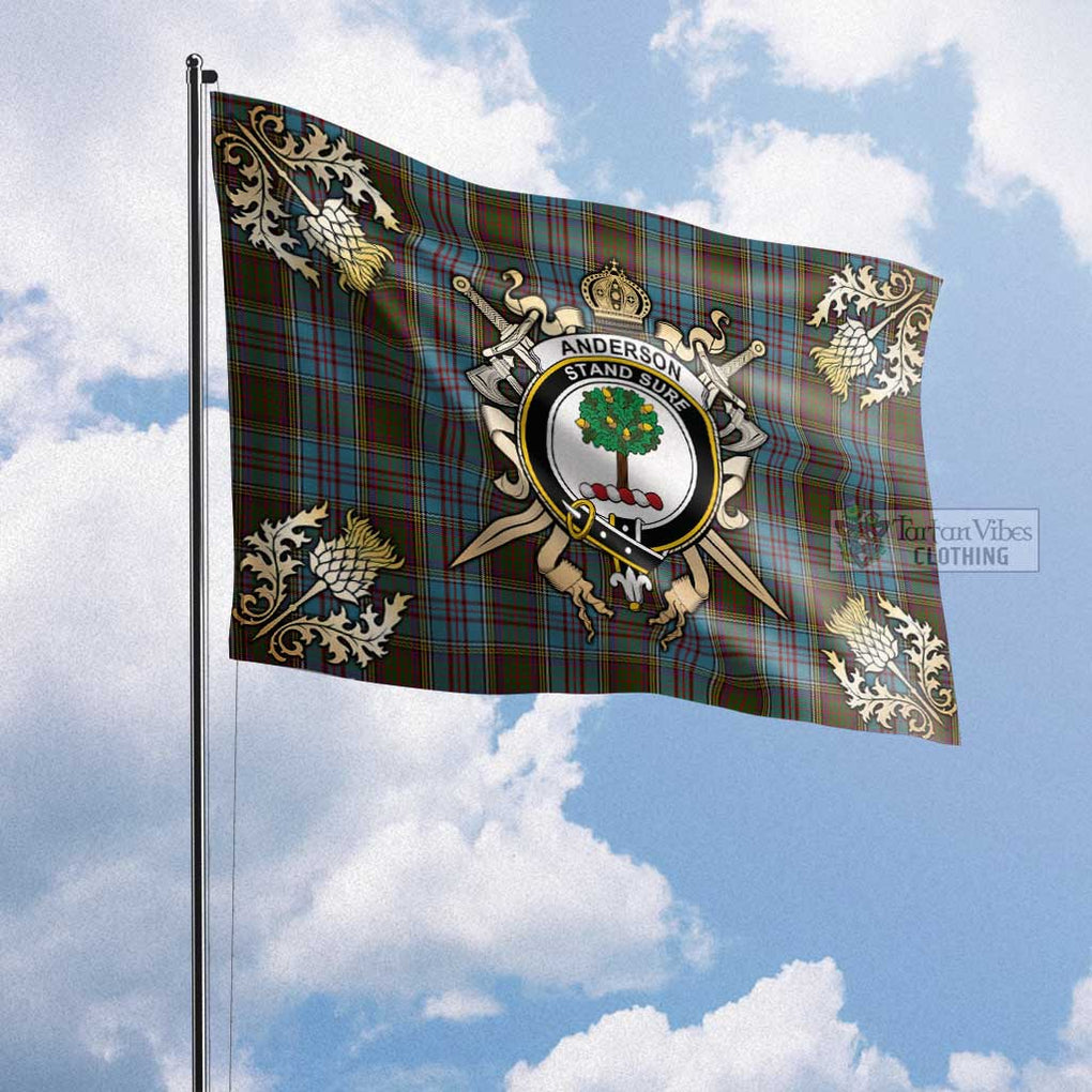 Tartan Vibes Clothing Anderson Tartan Flag with Family Crest and Golden Thistle Crossed Sword Design