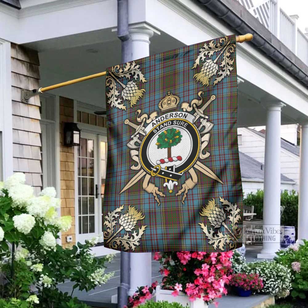 Tartan Vibes Clothing Anderson Tartan Flag with Family Crest and Golden Thistle Crossed Sword Design