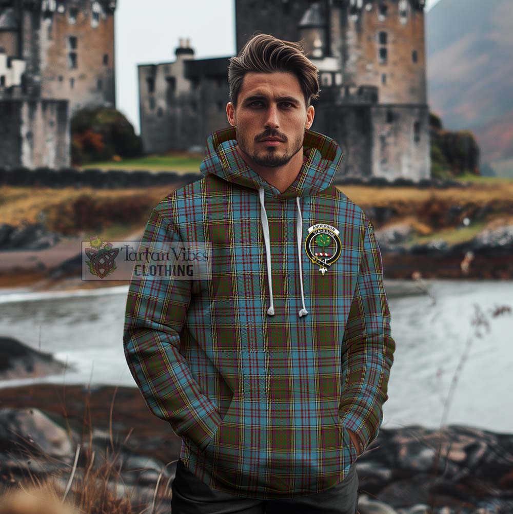 Tartan Vibes Clothing Anderson Tartan Cotton Hoodie with Family Crest and Bearded Skull Holding Bottles of Whiskey