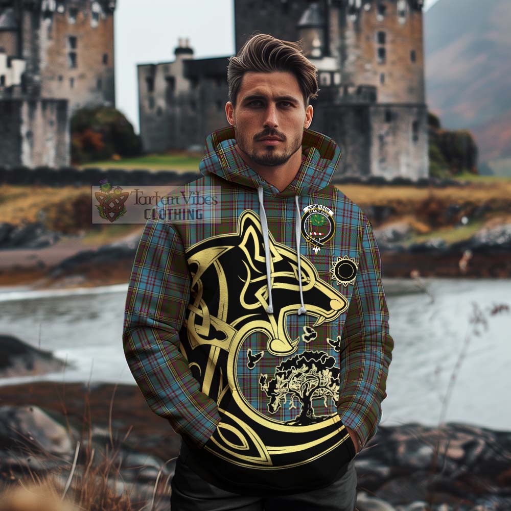 Tartan Vibes Clothing Anderson Tartan Cotton Hoodie with Family Crest Celtic Wolf Style