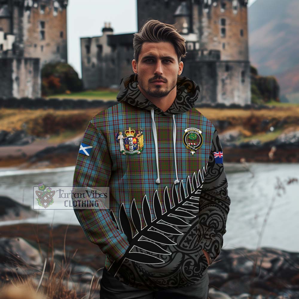 Tartan Vibes Clothing Anderson Crest Tartan Cotton Hoodie with New Zealand Silver Fern Half Style