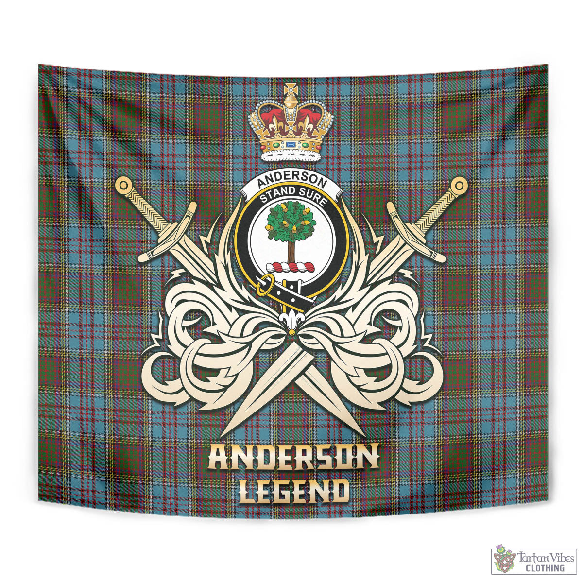 Tartan Vibes Clothing Anderson Tartan Tapestry with Clan Crest and the Golden Sword of Courageous Legacy