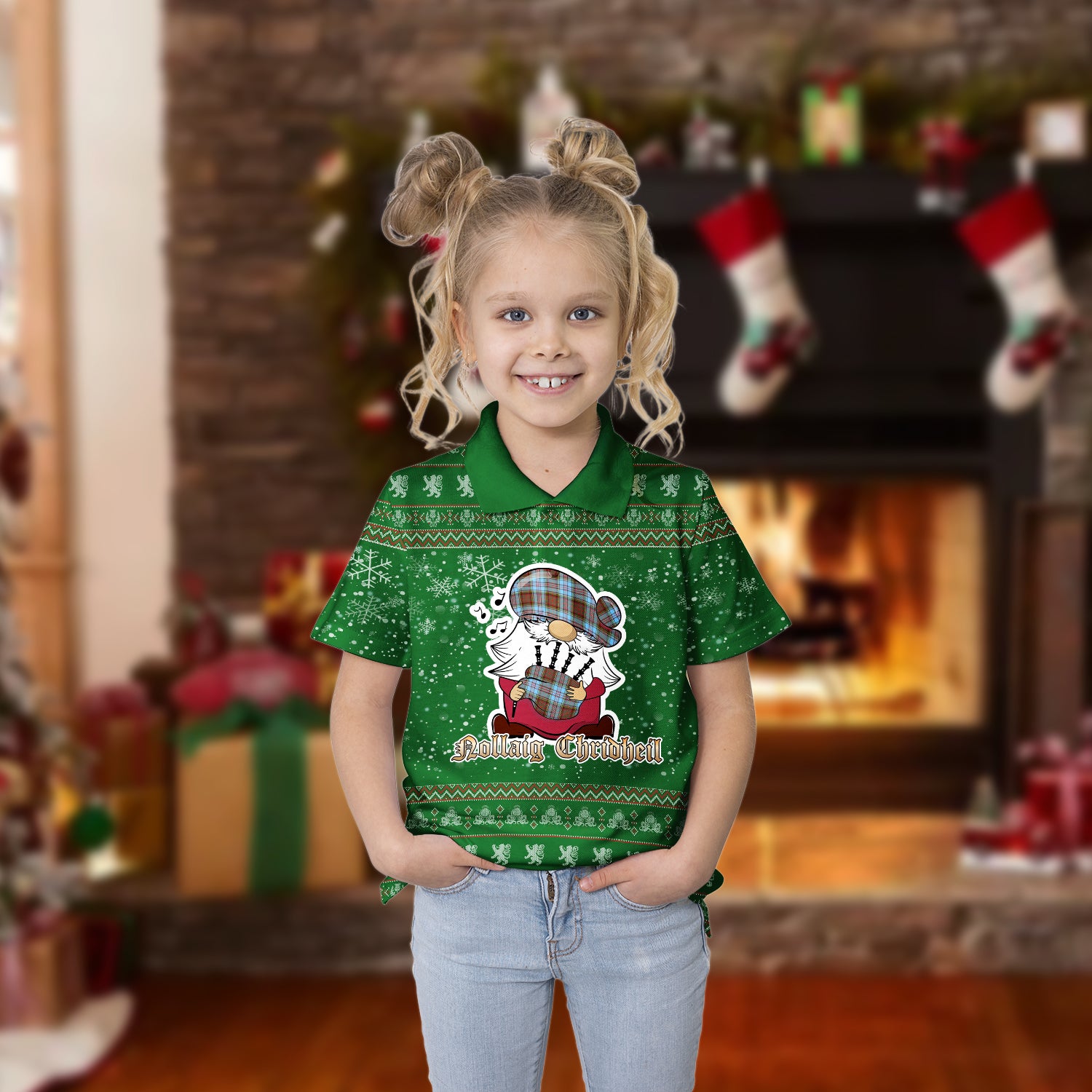 Anderson Ancient Clan Christmas Family Polo Shirt with Funny Gnome Playing Bagpipes Kid's Polo Shirt Green - Tartanvibesclothing