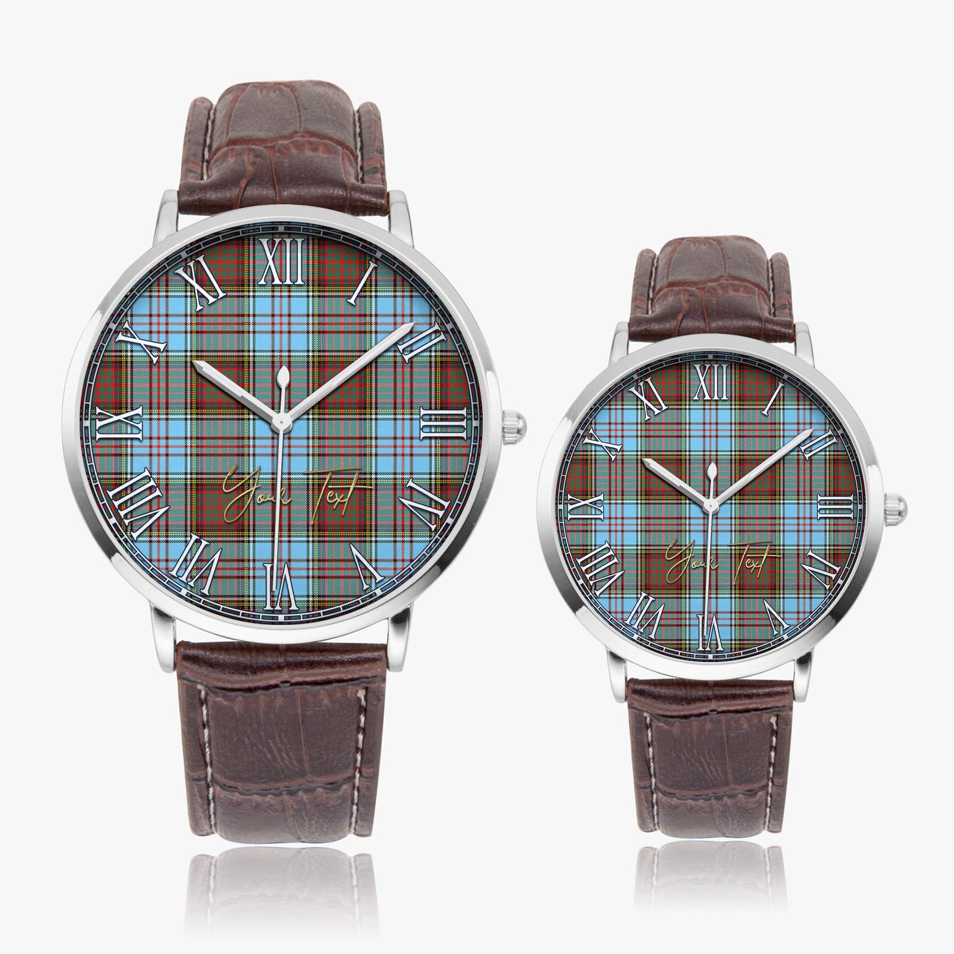 Anderson Ancient Tartan Personalized Your Text Leather Trap Quartz Watch Ultra Thin Silver Case With Brown Leather Strap - Tartanvibesclothing