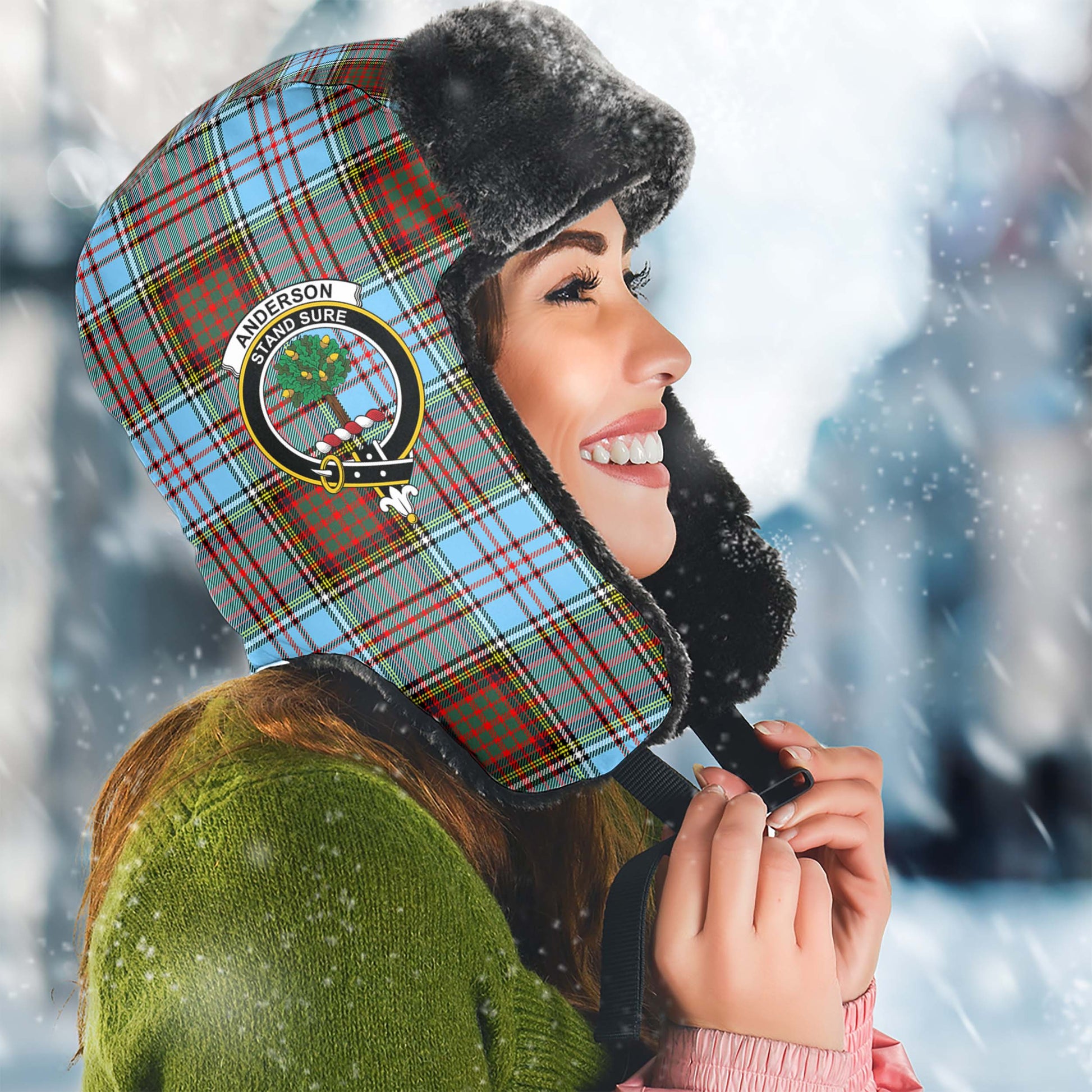 Anderson Ancient Tartan Winter Trapper Hat with Family Crest Winter Trapper Hat Universal Fit Circumference 22.8in (58cm) - Tartanvibesclothing