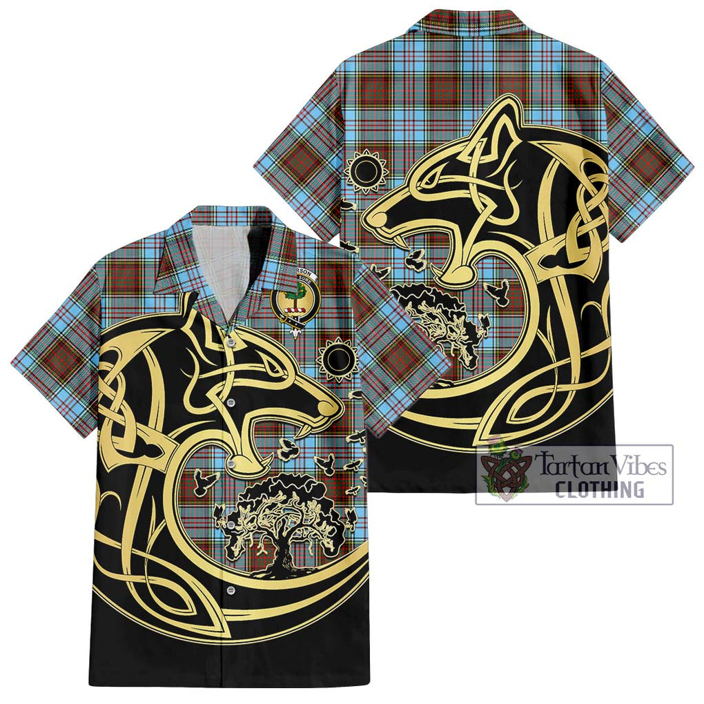 Anderson Ancient Tartan Short Sleeve Button Shirt with Family Crest Celtic Wolf Style Kid - Tartan Vibes Clothing