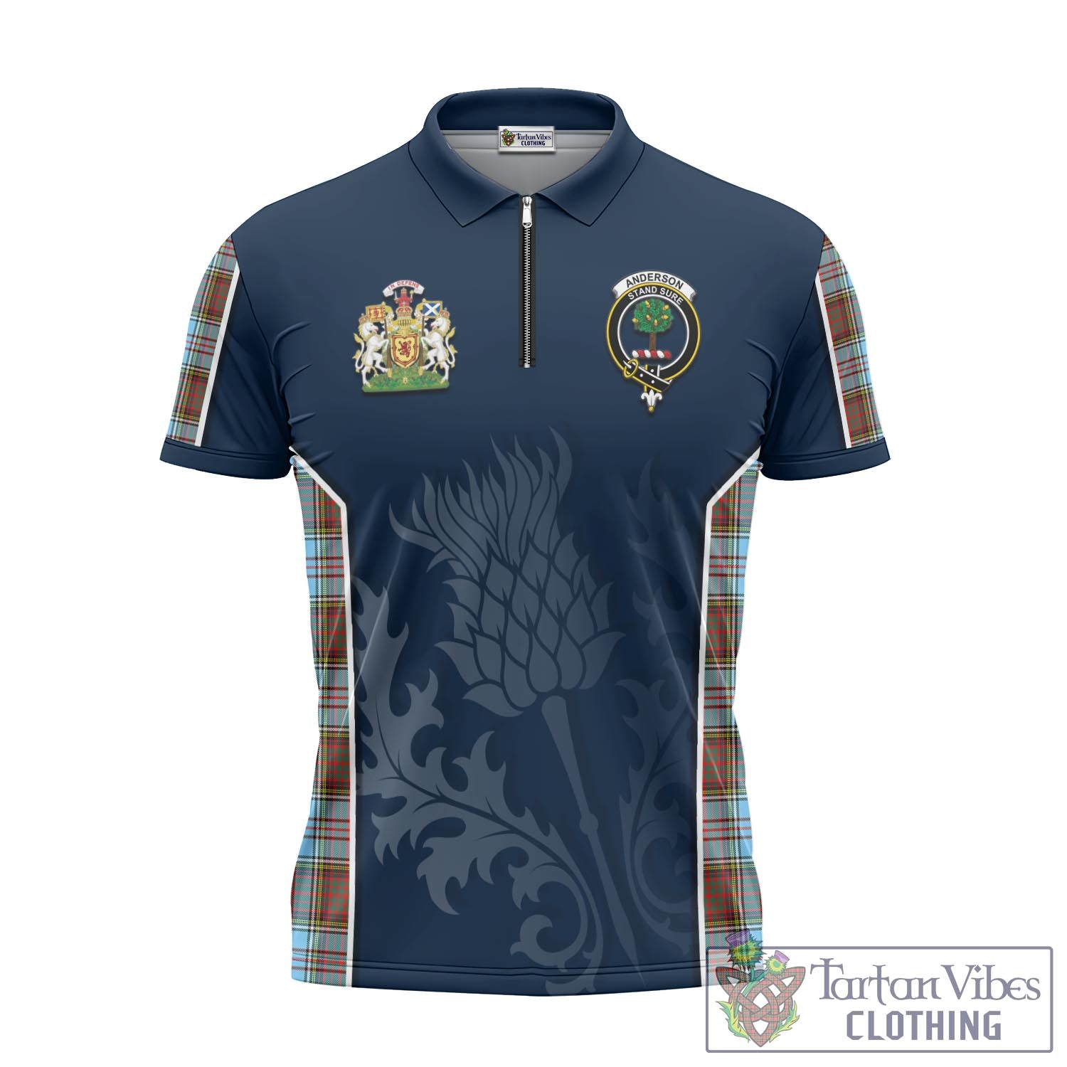 Tartan Vibes Clothing Anderson Ancient Tartan Zipper Polo Shirt with Family Crest and Scottish Thistle Vibes Sport Style