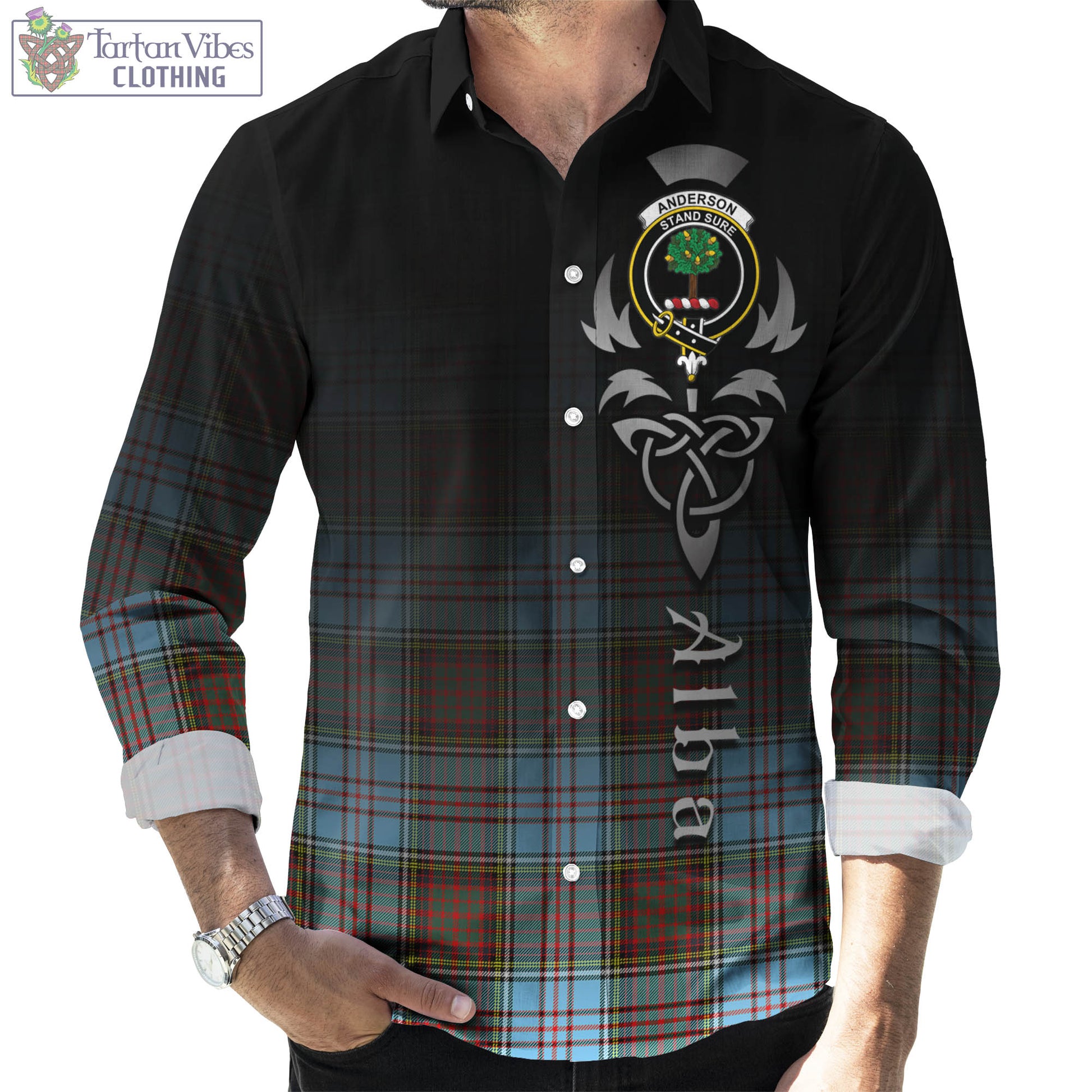 Tartan Vibes Clothing Anderson Ancient Tartan Long Sleeve Button Up Featuring Alba Gu Brath Family Crest Celtic Inspired