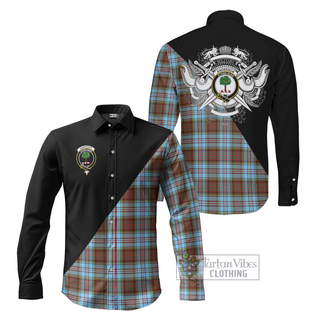 Anderson Ancient Tartan Long Sleeve Button Shirt with Family Crest and Military Logo Style Men's Shirt S - Tartanvibesclothing Shop