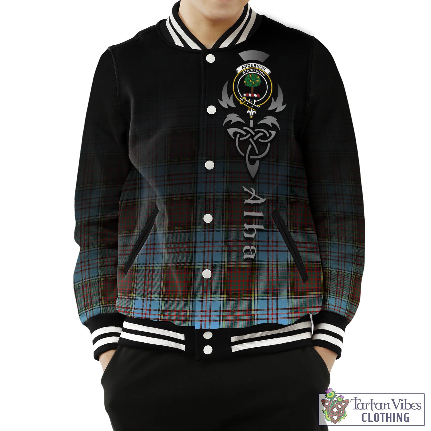 Tartan Vibes Clothing Anderson Ancient Tartan Baseball Jacket Featuring Alba Gu Brath Family Crest Celtic Inspired