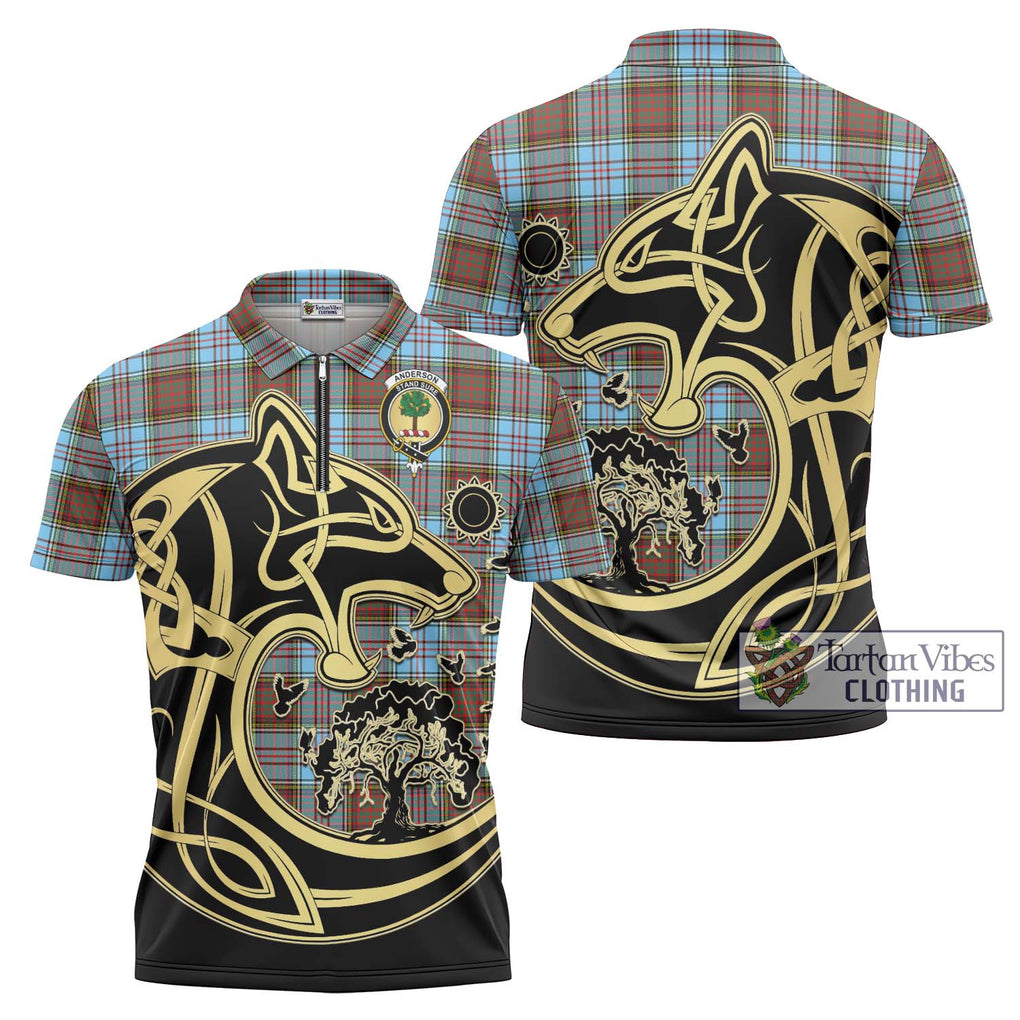 Anderson Ancient Tartan Zipper Polo Shirt with Family Crest Celtic Wolf Style Unisex - Tartanvibesclothing Shop