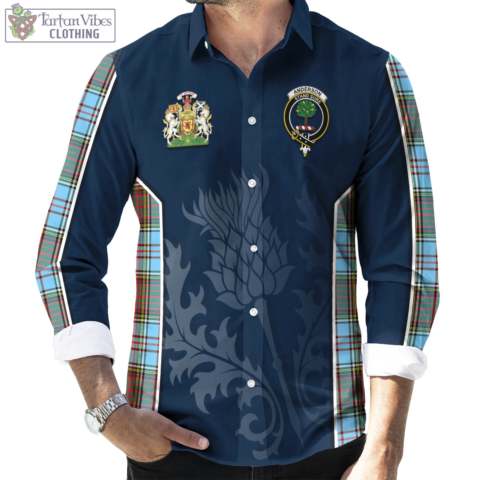 Tartan Vibes Clothing Anderson Ancient Tartan Long Sleeve Button Up Shirt with Family Crest and Scottish Thistle Vibes Sport Style